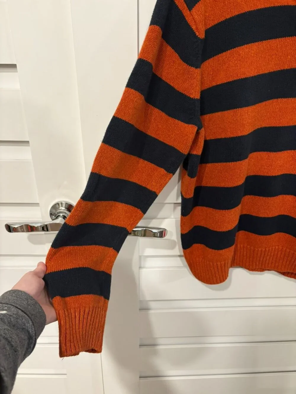 Chaps Men’s XL Quarter Zip Sweater Orange Navy Striped Cotton Preppy UVA